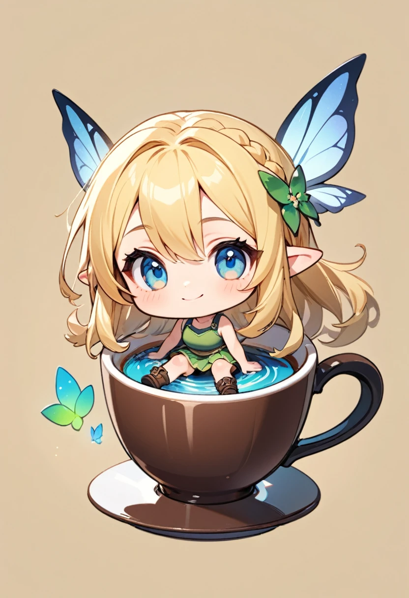 (masterpiece, best quality:1.2), Chibi Cute, 1girl, solo, full body, A fairy-sized elven lady is sitting on the edge of an empty mug cup, looking up at the viewer and smiling. Single braided blonde hair, blue eyes. green tube top and mini skirt, short boots, simple background