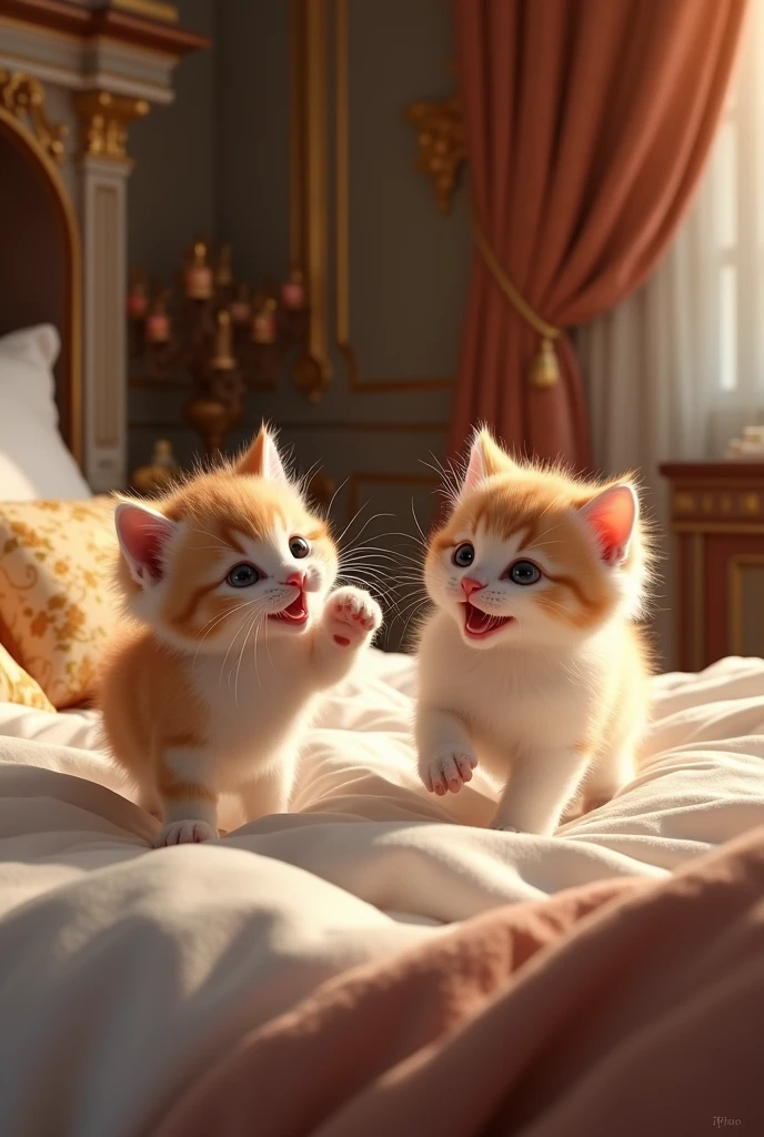 Two kittens playing on a bed with very beautiful interiors of the room