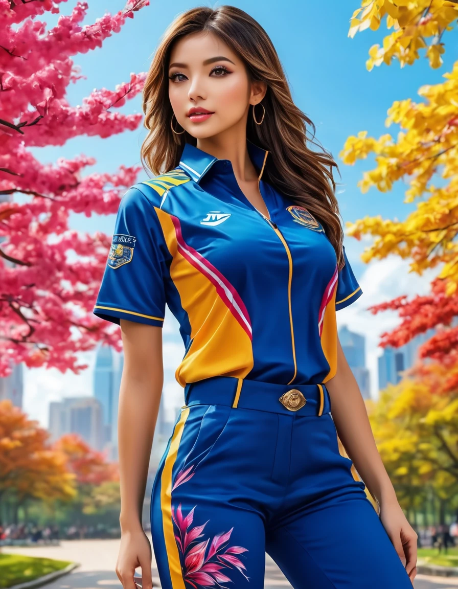 1girl, masterpiece, 8k, high quality, very detailed, beautiful face, detailed eyes, tattoo on neck, blue sport uniform, city park background, medium breast, multicolored hair, outdoors, colorful trees, ImgFixerPre0.3