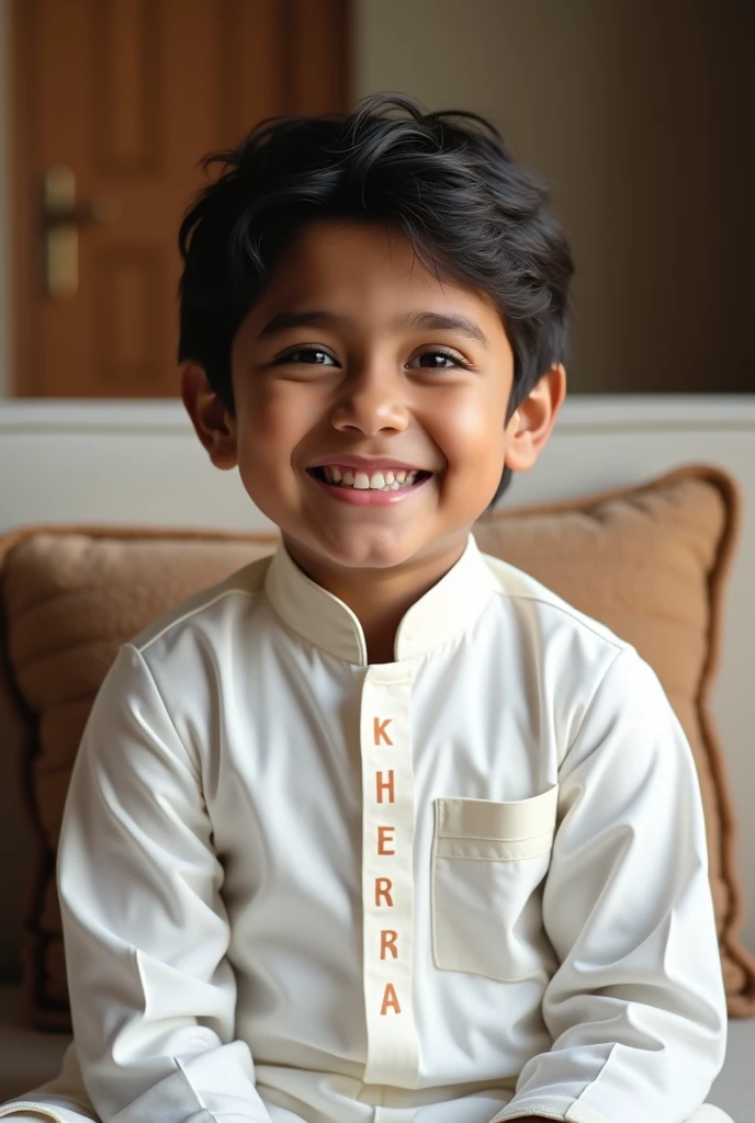boy wearing kurta pajama white colour and setting on a sofa and smiling and too much too much gaps in him teeths also write Kherra in big letterss