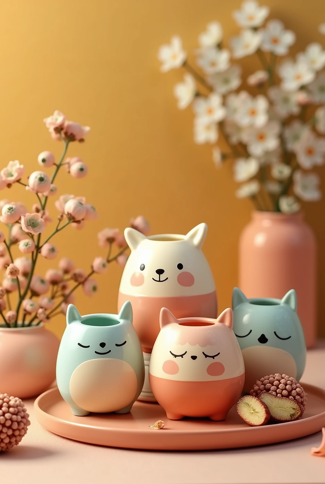 Cute Background、Pottery with cute faces、Glossy Pottery