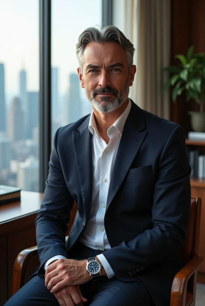 Crée une image d'un homme élégant et charismatique dans la trentaine ou quarantaine, dégageant une aura de succès et de confiance. Il porte un costume bien ajusté de haute qualité, avec une montre luxueuse au poignet, symbolisant sa réussite. Il est bien coiffé, avec des traits du visage assurés et une expression calme et réfléchie. Il se tient dans un environnement sophistiqué, comme un bureau moderne avec une vue panoramique sur une ville prospère. Autour de lui, des éléments comme des livres