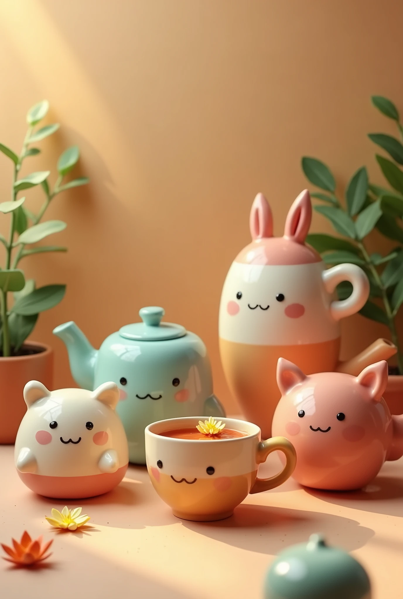 Cute Background、Pottery with cute faces、Glossy Pottery