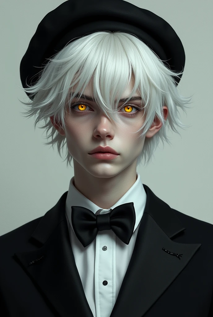 handsome boy with messy short hair, black suit, bow tie, black beret, yellow glowing eyes, white hair color, white skintone.