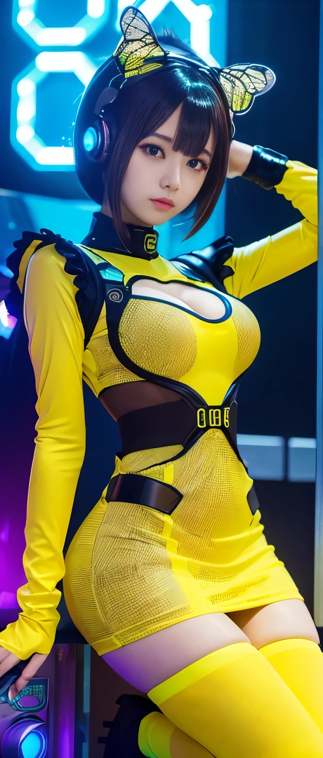 Cool Cyber Idol Girl、whole body、Good style、、、、、、、、、、Thick legs、、Bee-covered Cyber Tight Dress(Fluorescent yellow and blue)、Cool girl face、、、、Glowing Cyber Beehive、Cybertown at night、Honeycomb Belt