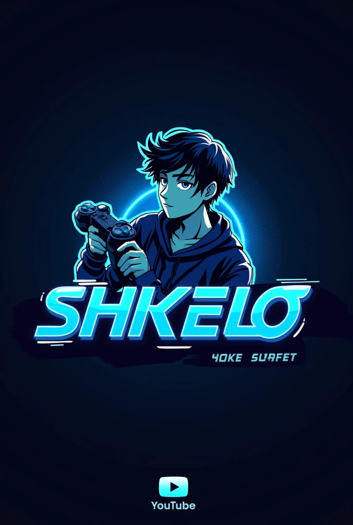 This is a gaming logo that features the name "SHKELO" in a futuristic font and a neon blue color. and Boy Anime avtar, The logo also has a stylized controller icon and a YouTube play button in the background. The logo is designed to be attractive and eye- catching, and to appeal to gaming enthusiasts and YouTube viewers Ihone