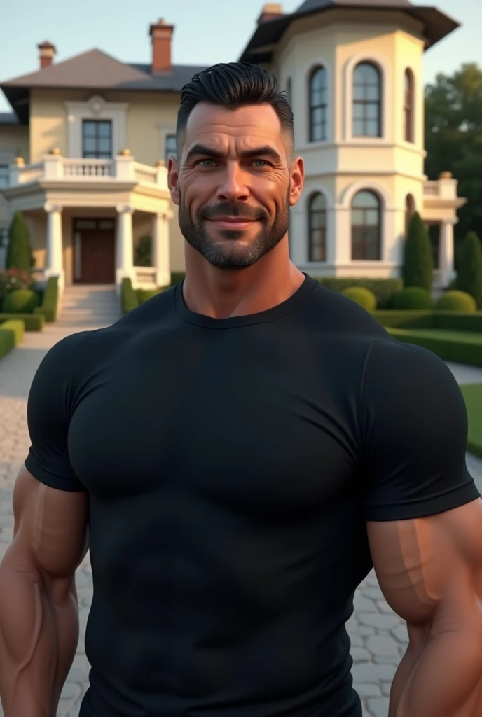 A man in his 40s, black hair, Looks tough, Black T-shirt, Smile,Good impression, Mansion guard