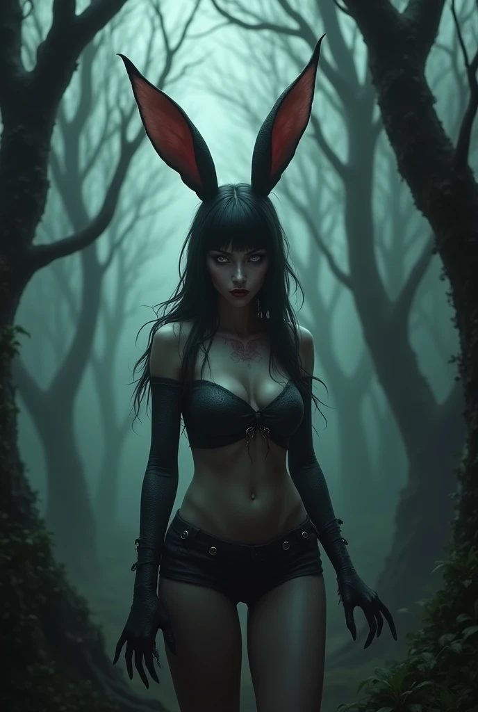 Evil sexy female bunny in a scary forest. wearing modest clothes