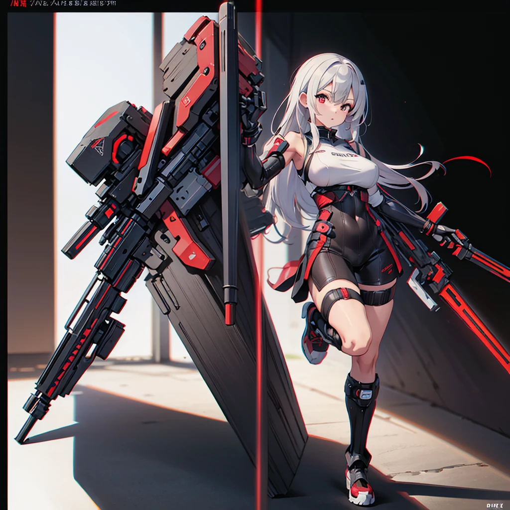 (masutepiece, Best Quality), (Perfect athlete body:1.2), (detailed hairs), Ultra-detailed, Anime style, Full body, Cyberpunk Ninja Gunner Girl, Wearing Techwear, Red Accessories, Wielding a huge high-tech gun, Black and white hair, stew, Mechanical arm guard, Wear high-tech boots, 8K High Resolution, trend artstation, White background, Standing in the wasteland, Whole body,