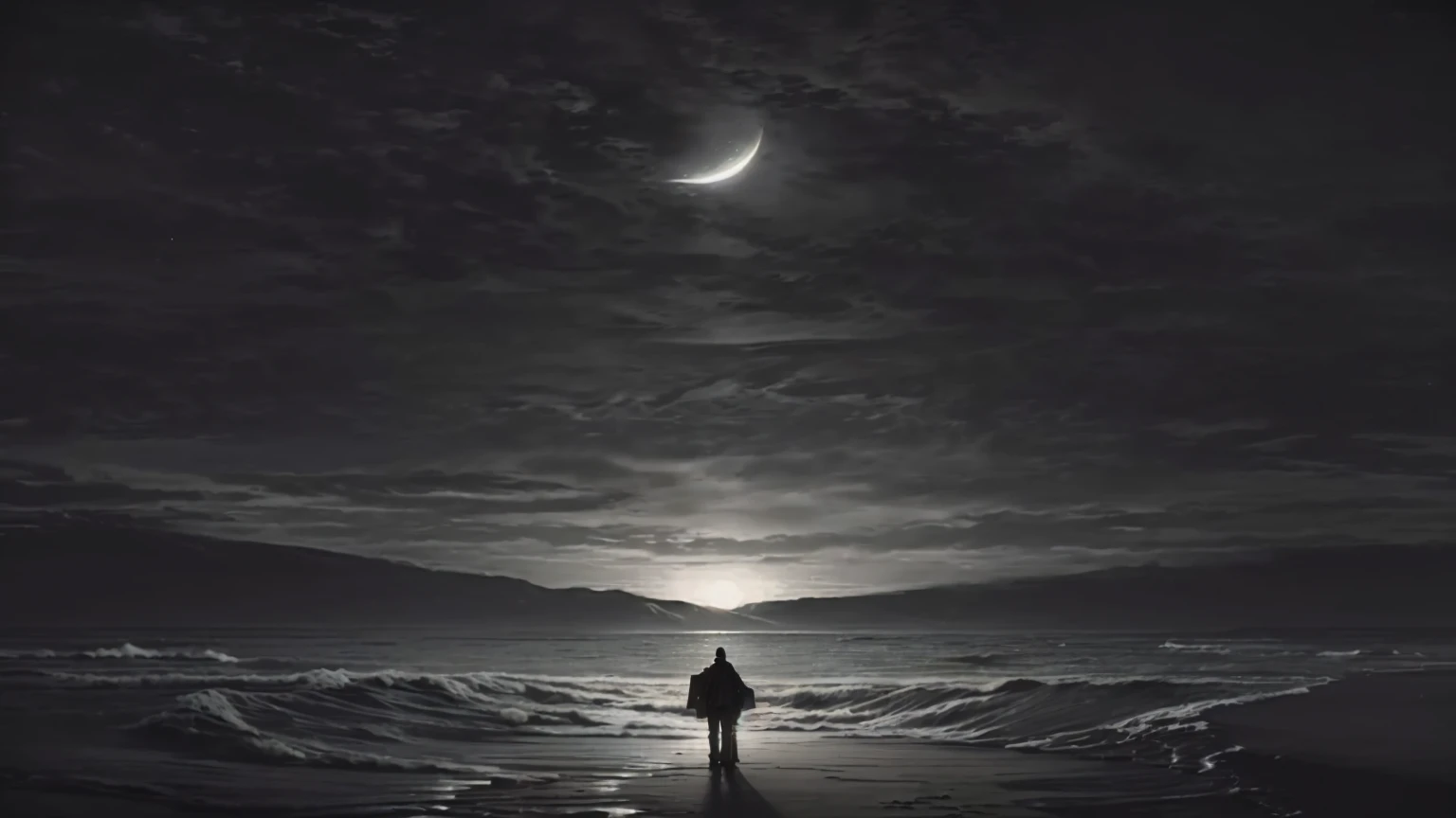 a man standing on a beach looking at the moon, Yuri Shwedoff e Tom Bagshaw, Jon McNaughton, Standing in the moonlight, Melancholic art, por Kristian Kreković, dreamless night, Dark digital art, but detailed, surreal dark art, inspired by Jakub Schikaneder, dark surreal art, looking at the moon