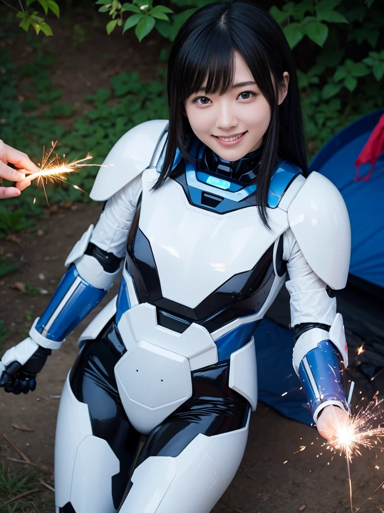 Japanese female android,Black Hair,White and blue robot suit,Plump,Holding a sparkler at a campsite,smile
