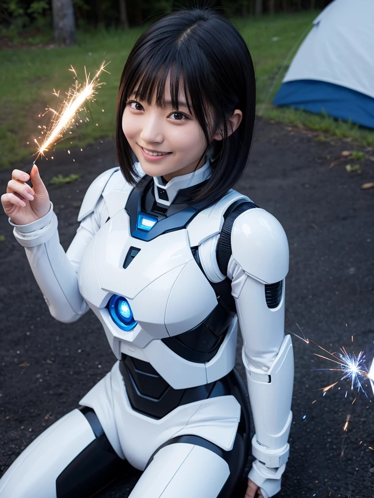 Japanese female android,Black Hair,White and blue robot suit,Plump,Holding a sparkler at a campsite,smile