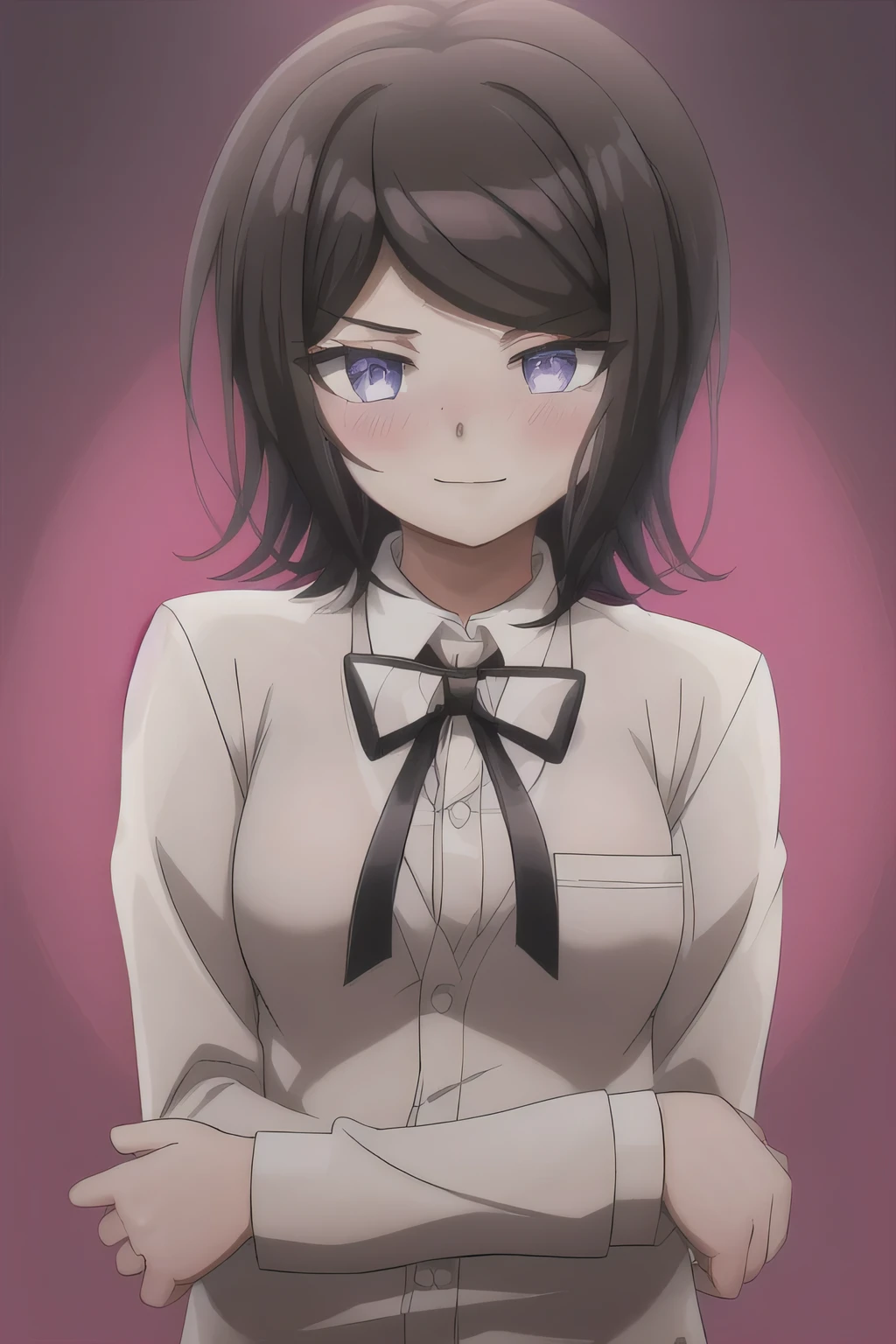 Masterpiece, Best Quality,  1girl, solo, jacket, ribbon, shirt, neck ribbon, upper body, looking at viewer with shy blushing smile, collared shirt, brown jacket, white shirt, black ribbon, breasts, simple background, closed mouth, white background, long sleeves, shiny hair, school uniform, transparent background, medium breasts, shiny. 