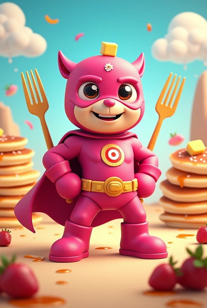 mascot for pancakes pancakes is the main character superhero in a pink suit 
