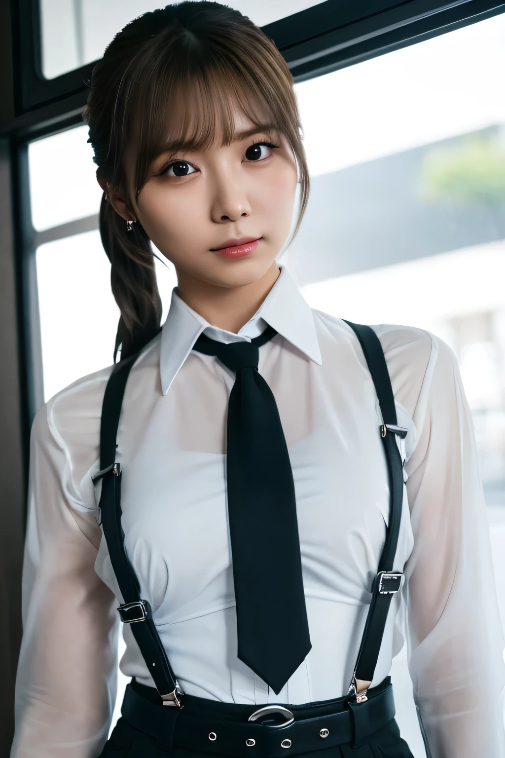 a woman in a suit, belt, hands behind back, sweating, suspenders, black pants, sexly, large breasts, see-through clothing, rain, detective, office worker, white button-up shirt, (best quality,4K,8k,highres,masterpiece:1.2),ultra-detailed,(realistic,photorealistic,photo-realistic:1.37),hyper-detailed,highly detailed face and body, Slender thin suspenders Moderate breasts See-through shirt Nipples holster chain Pistol Armament criminal Female criminal knife