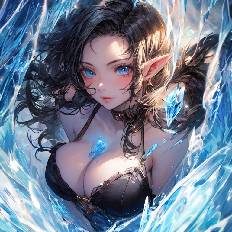 blue-skinned water element elf beautiful, with black hair, blue eyes and big breasts on the background of an ice cave UHD, textured skin, super detail, high detail, high quality,