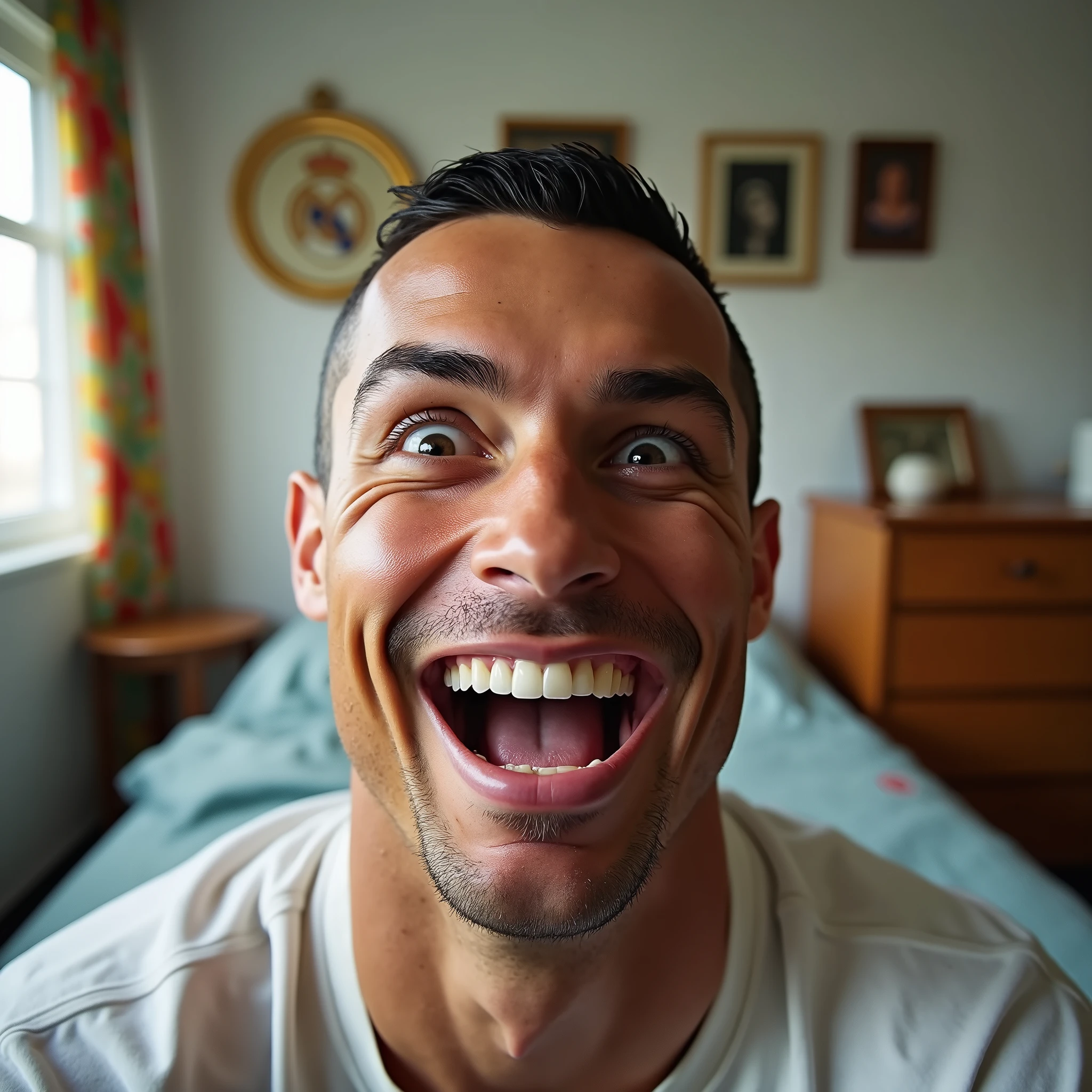 The image is a close-up of Cristiano Ronaldo face. He is bald and has a big smile on his face. His eyes are wide open and his mouth is slightly open, showing his teeth. He appears to be laughing or making a silly face. The background of the image shows a bedroom with a bed, dresser, and a window with colorful curtains. There are also three framed pictures hanging on the wall. Real person