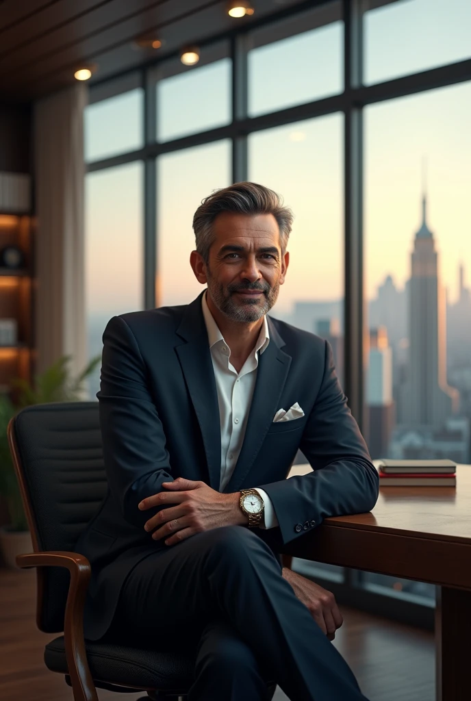 Crée une image d'un homme élégant et charismatique dans la trentaine ou quarantaine, dégageant une aura de succès et de confiance. Il porte un costume bien ajusté de haute qualité, avec une montre luxueuse au poignet, symbolisant sa réussite. Il est bien coiffé, avec des traits du visage assurés et une expression calme et réfléchie. Il se tient dans un environnement sophistiqué, comme un bureau moderne avec une vue panoramique sur une ville prospère. Autour de lui, des éléments comme des livres 
