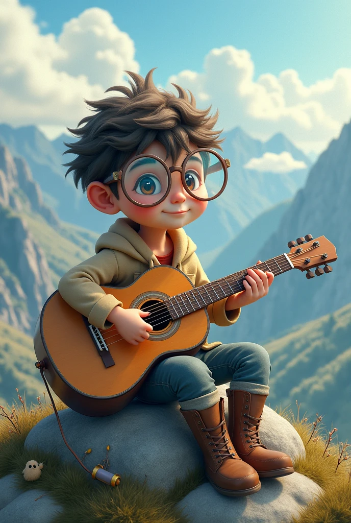A boy of 1 Glass on his two eye and guitar on his hand sitting on the mountain