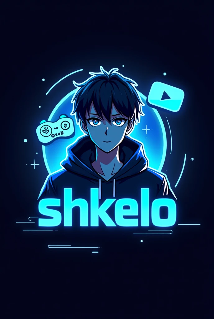 This is a gaming logo that features the name "SHKELO" in a futuristic font and a neon blue color. and Boy Anime avtar, The logo also has a stylized controller icon and a YouTube play button in the background. The logo is designed to be attractive and eye- catching, and to appeal to gaming enthusiasts and YouTube viewers Ihone