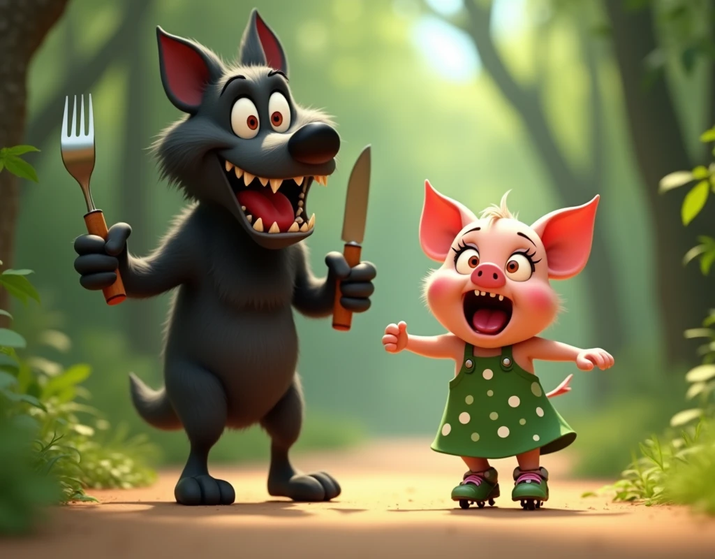 pixar style, 3d, 1scared cute piglet and 1big tall black wolf, the cute piglet is in front and on right side screaming loudly in fear while moving fast on her rollerblades, the piglet is wearing green dress with white polka dots. The big tall black wolf is on the left side much behind the piglet and looking at the piglet laughing scarily. The wolf is hand drawn whimsical, cartoonish furry black wolf with large, expressive orange eyes, and exaggerated facial features with canine teeth, long jaw, stands with a mischievous, wide-eyed grin. The wolf is holding a fork in one hand and a knife in other hand. The wolf's fur is dark black with tufts of fur adding texture and character. Its mouth is open wide with a comically large tongue sticking out, adding to its playful and mischievous appearance. The overall style is highly detailed with a touch of (hand-painted quality:1.4), focusing on exaggerated expressions:1.3, vibrant colors, and a humorous, light-hearted mood.The setting is of a jungle in bright day light, game button art, Game illustration, lovely digital painting, artstation for kids art, Official artwork, key art, mobile game art, cover game art, zootopia concept art, (soft lighting:1.3), (green and earthy color scheme:1.3), (highly detailed), (ultra quality:1.3), (masterpiece), (digital art), 8K resolution, HDR, depth of field, (soft shadows), (photorealistic:1.3), (animation:1.2), (by Greg Rutkowski:0.9), (in the style of Alphonse Mucha), trending on ArtStation, award-winning art, 3d style