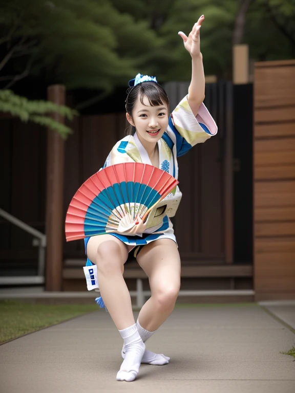 Photo-realistic quality、A Japanese woman wearing a white happi coat and holding a folding fan is dancing the Awa Odori dance in the park, Cute playful pose of the dancer, White socks、Traditional Japanese Kimono