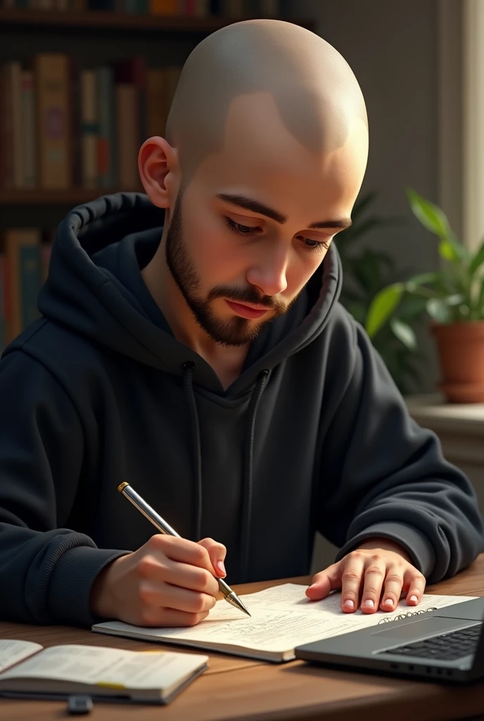 A small beard bald boy with black hoodie writing stories