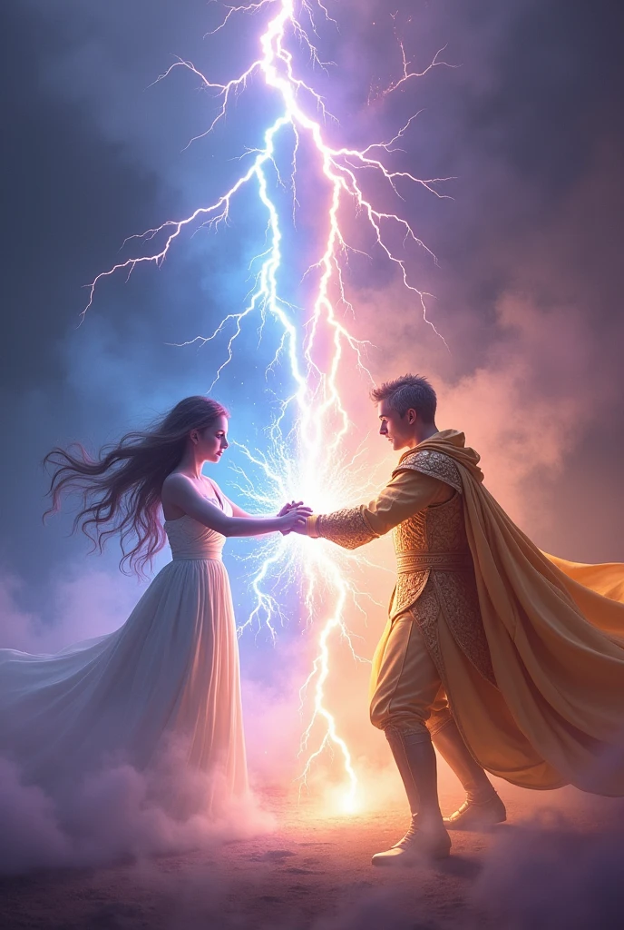 A lady and a man shooting thunder out of their hands and trying to kill and shock each other from 8 meters away fro. Each other and the lady will be shooting blue thunder and the man will be shooting golden thunder
With straight arm facing each other and both of them are protecting themselves the lady will be wearing a white dress and the man will be wearing a ancient golden clothing the man will be having hort hair like flicks and both of them are british so they are white and remember they are trying to kill each other and their is purple and pink mist in the sky they both are levitating and floating in the air