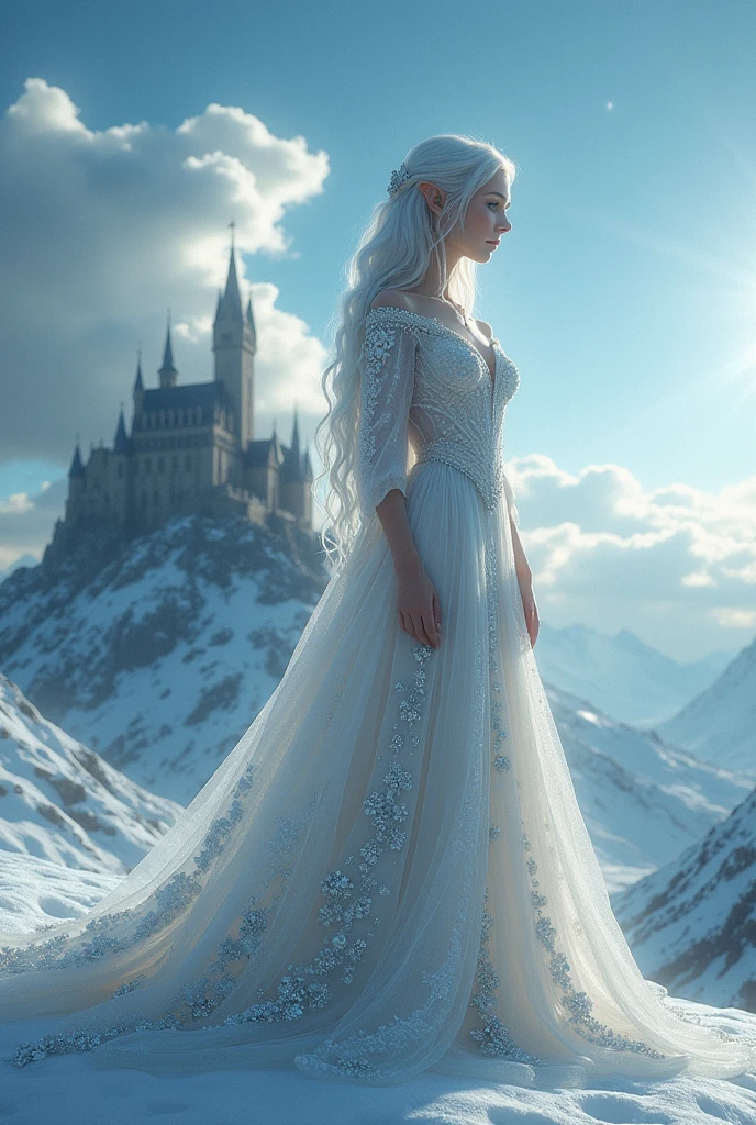 A setting worthy of an award-winning film classic, based on the Chronicles of Narnia and Lords of the Rings, in the format of a cinema advertising poster , imagine a silver-haired elf girl dressed in white pearlescent fabric illuminated by stunning scenery in the background, a castle built in the icy mountains of the lands created by J.R. Tolkien. The sky is an intense blue, clouded by pompous clouds with a shape that subtly resembles a dragon hovering over the entire scene., at the same time as the main character of the scene, the beautiful elf girl, It is still the protagonist of every scene like a standard announcing a classic to be released in the cinema. Imagine all this captivating masterpiece content, draws the attention of even the most illustrious award-winning works, so perfect that it deserves first place, as the entire context of this image created from the #SeaArt Infinity# an impeccable work with attention to every detail, from the silver hair of the elf drizzle, of the details of the dress woven with silver threads and decorated with tiny pearls and small diamonds sparkling like stars.