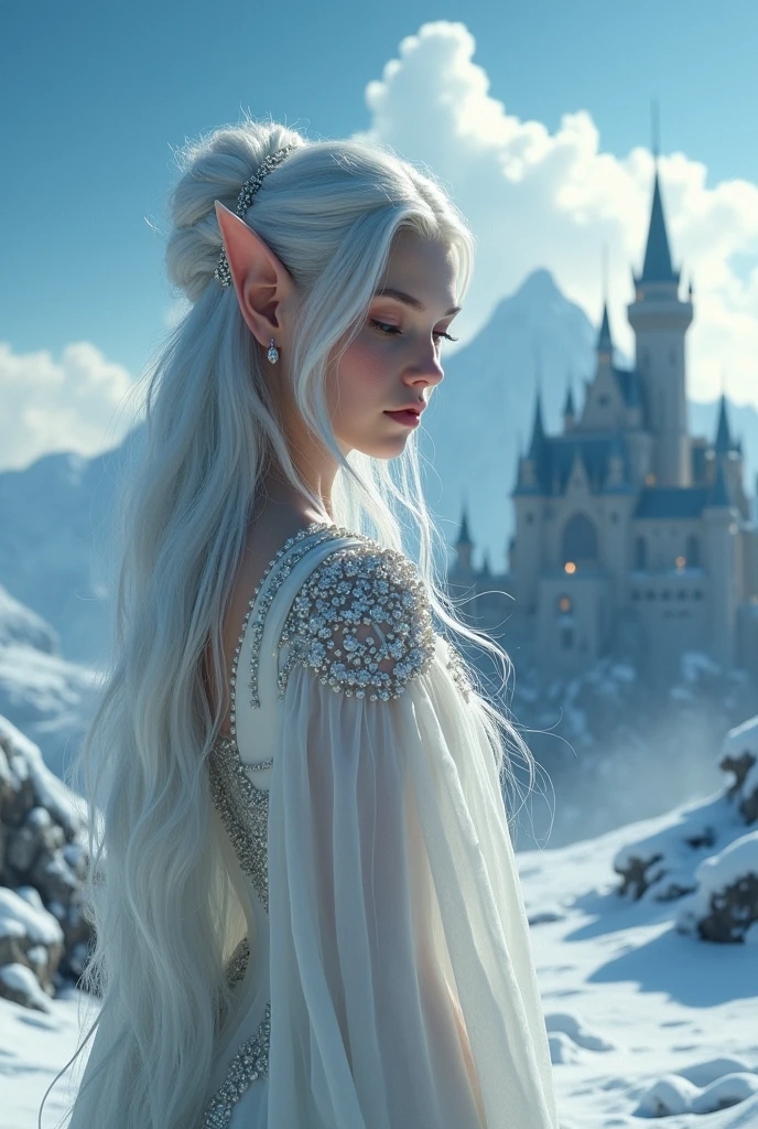 A setting worthy of an award-winning film classic, based on the Chronicles of Narnia and Lords of the Rings, in the format of a cinema advertising poster , imagine a silver-haired elf girl dressed in white pearlescent fabric illuminated by stunning scenery in the background, a castle built in the icy mountains of the lands created by J.R. Tolkien. The sky is an intense blue, clouded by pompous clouds with a shape that subtly resembles a dragon hovering over the entire scene., at the same time as the main character of the scene, the beautiful elf girl, It is still the protagonist of every scene like a standard announcing a classic to be released in the cinema. Imagine all this captivating masterpiece content, draws the attention of even the most illustrious award-winning works, so perfect that it deserves first place, as the entire context of this image created from the #SeaArt Infinity# an impeccable work with attention to every detail, from the silver hair of the elf drizzle, of the details of the dress woven with silver threads and decorated with tiny pearls and small diamonds sparkling like stars.
