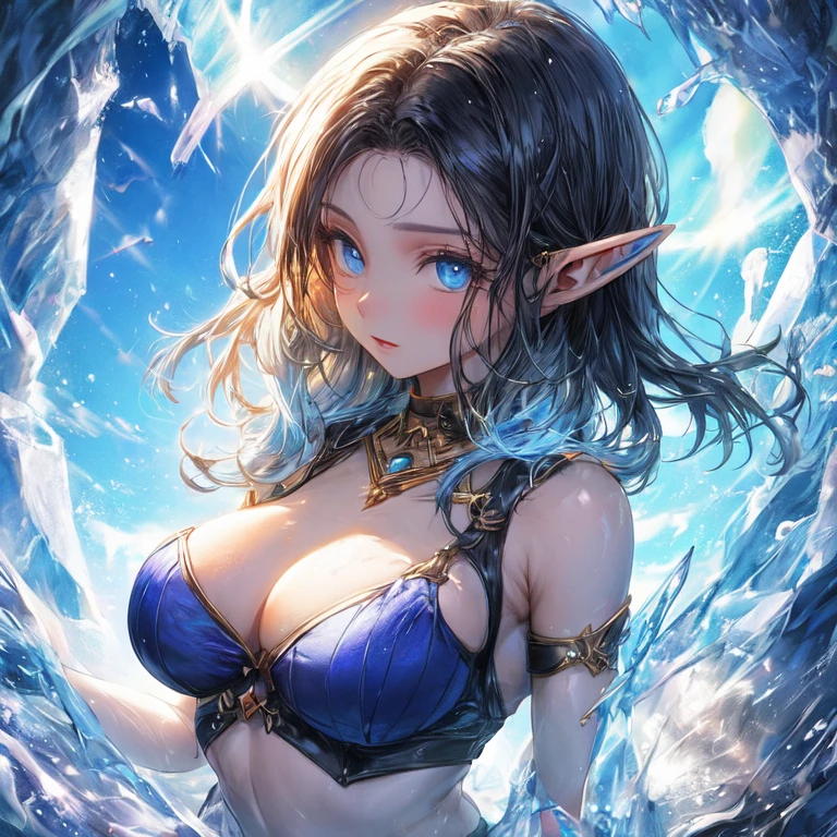 blue-skinned water element elf beautiful, with black hair, blue eyes and big breasts on the background of an ice cave UHD, textured skin, super detail, high detail, high quality,