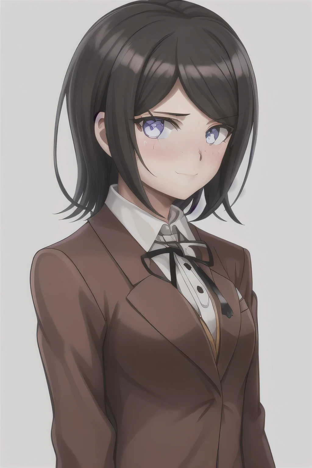 Masterpiece, Best Quality,  1girl, solo, jacket, ribbon, shirt, neck ribbon, upper body, looking at viewer with shy blushing smile, collared shirt, brown jacket, white shirt, black ribbon, breasts, simple background, closed mouth, white background, long sleeves, shiny hair, school uniform, transparent background, medium breasts, shiny. 