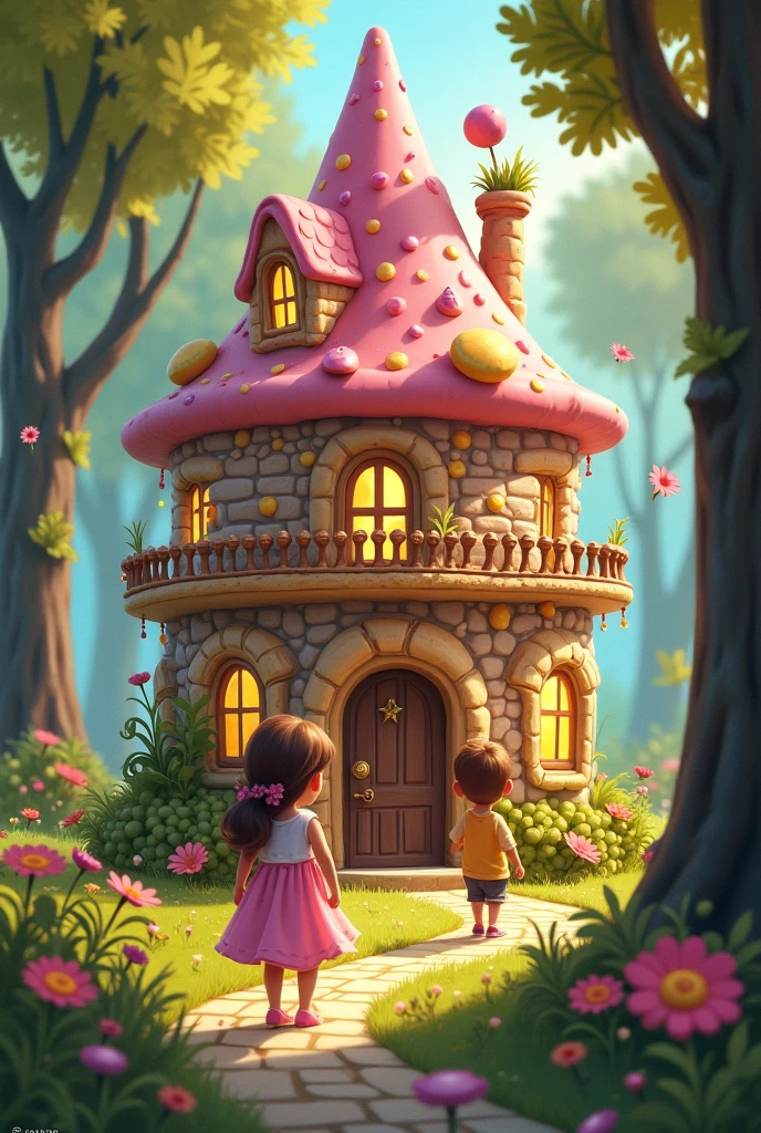 illustration , The little house made of sweets and chocolates in the middle of the forest. Maria and Lucas approach the house with wide-eyed admiration.. Details like biscuit walls, chocolate roof and jelly windows can be highlighted. Disney pixar