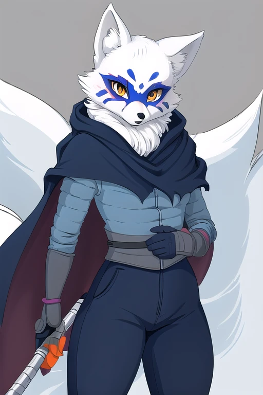 Alopex, arctic fox, furry, blue marks face, tmnt, orange eyes, girl1, solo, cape, cloak, Kunoichi Outfit, pants, best quality, masterpiece, standing