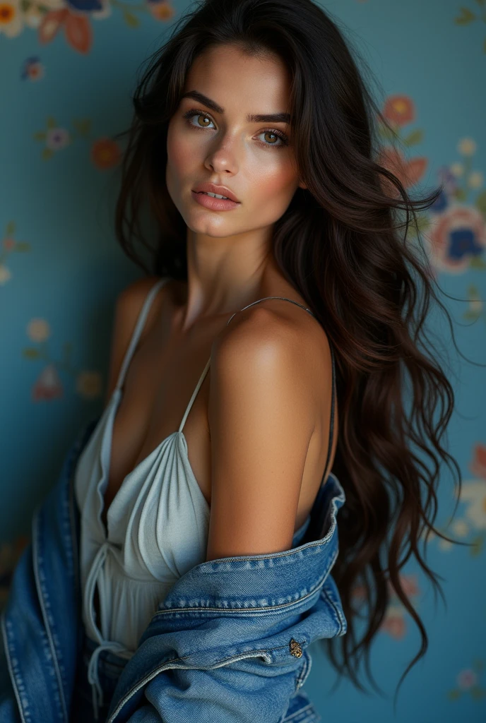 Masterpiece, Best Quality, 1 Girl, Brunette Hair, Bare Shoulders, Long Hair, Dress, Denim Shot, Dynamic Pose, Dynamic Angle,