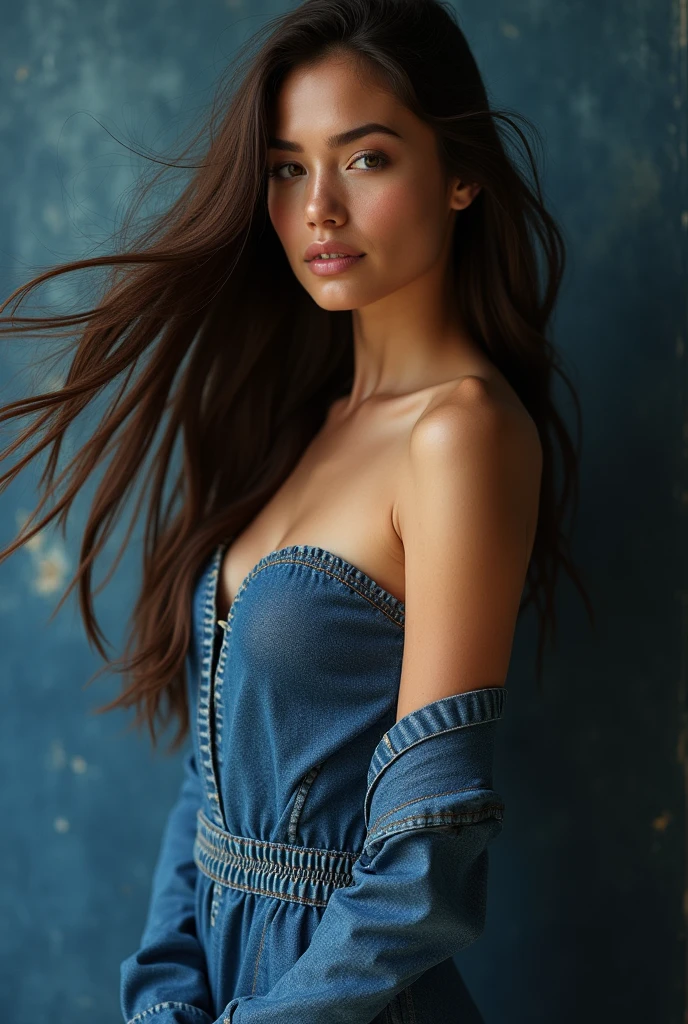 Masterpiece, Best Quality, 1 Girl, Brunette Hair, Bare Shoulders, Long Hair, Dress, Denim Shot, Dynamic Pose, Dynamic Angle,