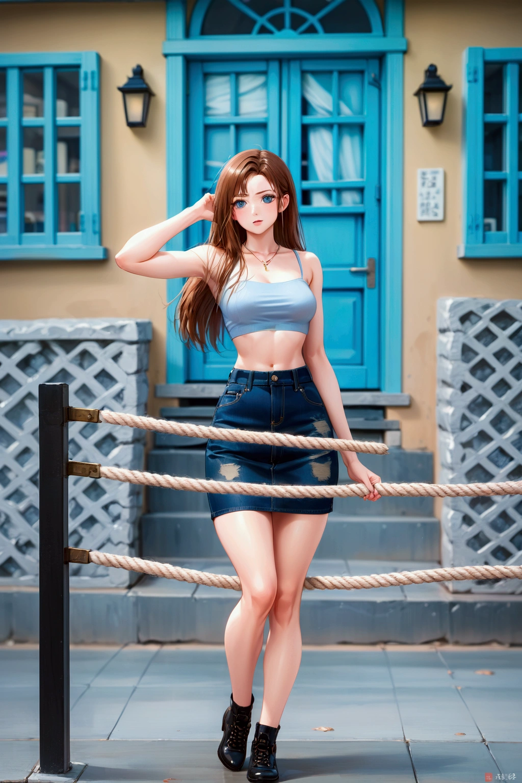 realistic anime illustration of adorable beautiful woman in front of a shop 's ropes, wearing crop shirt, azure-blue denim pencil mini skirt, (1girl, solo, full body), (masterpiece, best quality, japanese anime style), (expressive eyes, perfect face, perfect body)