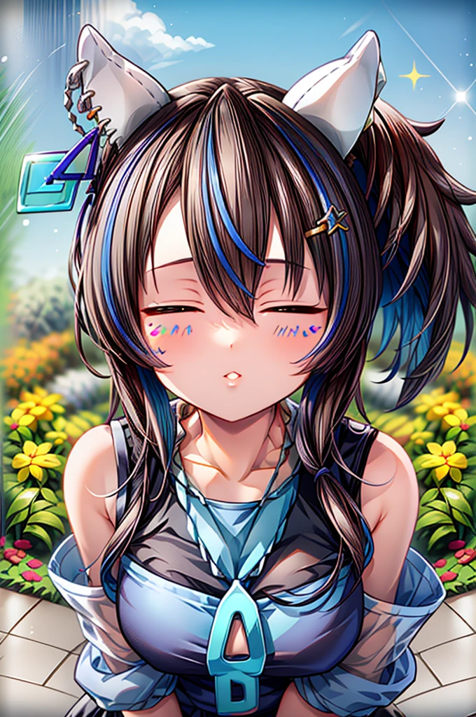 daitaku helios \(umamusume\), ((close up face)), (Perfect Face), (((cute))), (((()))), gleaming skin, closed eyes, necklace, (faint lips), (Sticking out your lips), garden, detail perfect piece, ultra detailed, 16k, from about, anatomically correct, ((Best quality)),