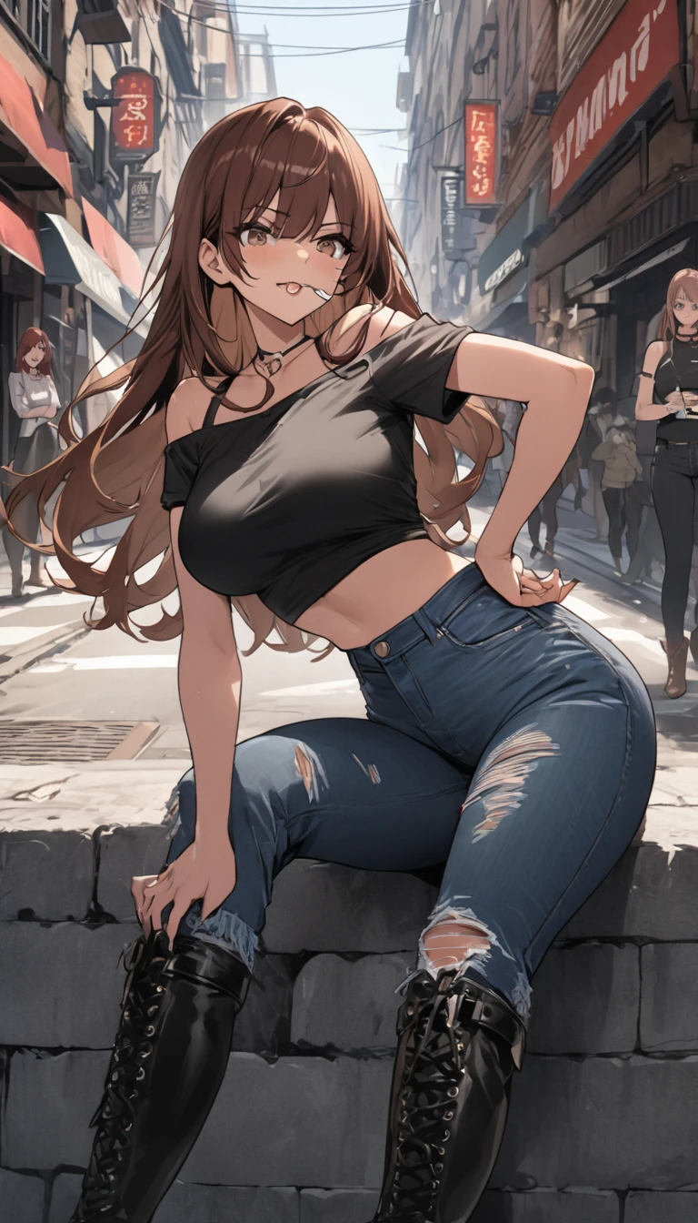 Ultra-high definition image quality、beautiful girl、Yankee girl、Reddish brown hair、Messy long hair、Gal、bustling street、Off-the-shoulder T-shirt、Distressed denim、Tight low rise denim、Highest quality, Big Ass、Thighs、Big Boobs、High cut boots、Glare、Place hands on hips、intimidating face、Hold a cigarette in your mouth、Smoke from cigarettes、Punk Fashion、Stand with legs crossed