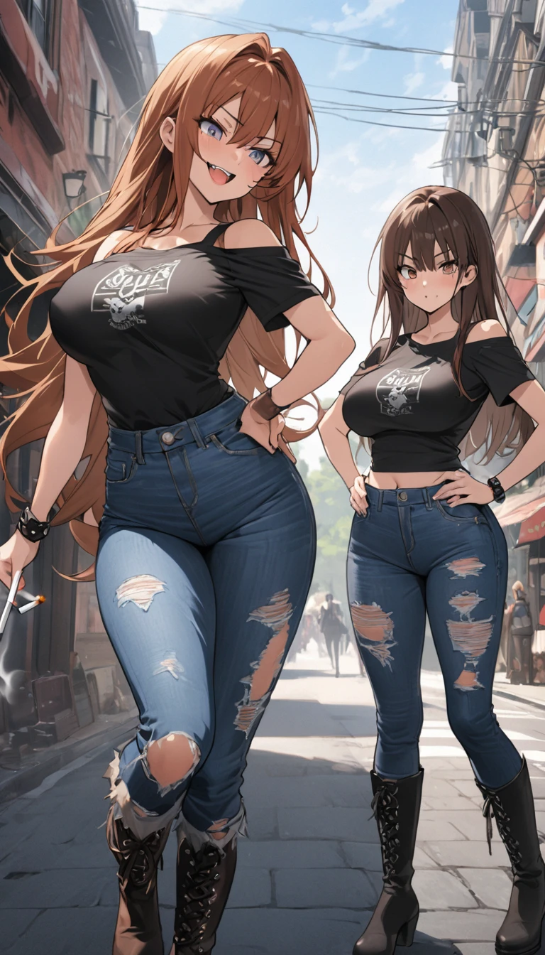 Ultra-high definition image quality、beautiful girl、Yankee girl、Reddish brown hair、Messy long hair、Gal、bustling street、Off-the-shoulder T-shirt、Distressed denim、Tight low rise denim、Highest quality, Big Ass、Thighs、Big Boobs、High cut boots、Glare、Place hands on hips、intimidating face、Hold a cigarette in your mouth、Smoke from cigarettes、Punk Fashion、Stand with legs crossed