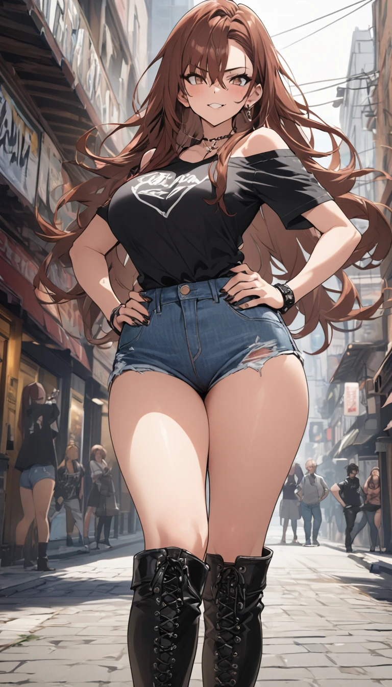 Ultra-high definition image quality、beautiful girl、Yankee girl、Reddish brown hair、Messy long hair、Gal、bustling street、Off-the-shoulder T-shirt、Distressed denim、Tight low rise denim、Highest quality, Big Ass、Thighs、Big Boobs、High cut boots、Glare、Place hands on hips、intimidating face、Hold a cigarette in your mouth、Smoke from cigarettes、Punk Fashion、Stand with legs crossed