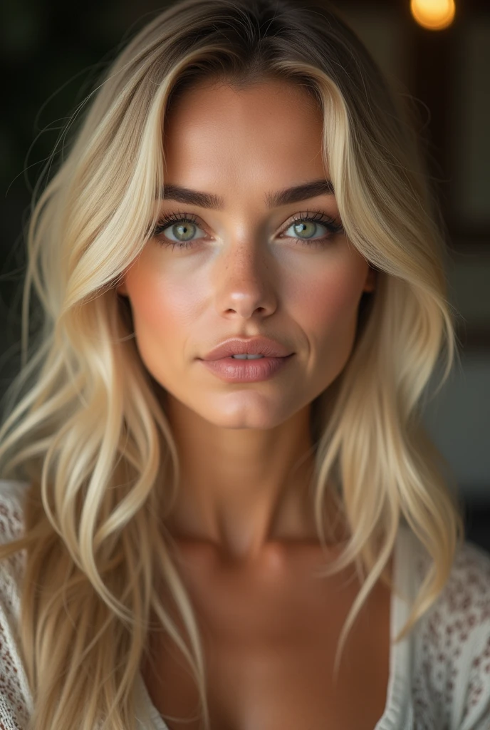 Une femme caucasienne captivante au teint radieux et au sourire naturel, 40 ans, blonde, ses cheveux coupés encadrent son visage en forme de cœur alors qu’elle regarde directement la caméra, des yeux symétriques pétillants de chaleur. Un éclairage ambiant doux accentue sa texture de peau impeccable, qui rappelle les traits de poupée de porcelaine de Sandra Bullock. Nombril subtilement visible, ajoutant à son élégant charme de milf. Cadré en 8K sur un reflex numérique, un éclairage de haute qualité et un grain de film subtil évoquent une photographie primée, mettant en valeur les capacités d'imagerie exceptionnelles du Fujifilm XT3.