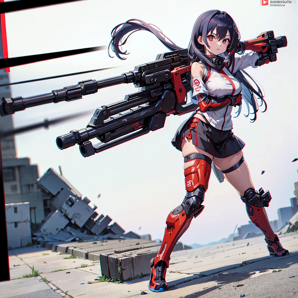 (masutepiece, Best Quality), (Perfect athlete body:1.2), (detailed hairs), Ultra-detailed, Anime style, Full body, Cyberpunk Ninja Gunner Girl, Wearing Techwear, Red Accessories, Wielding a huge high-tech gun, Black and white hair, stew, Mechanical arm guard, Wear high-tech boots, 8K High Resolution, trend artstation, White background, Standing in the wasteland, Whole body,