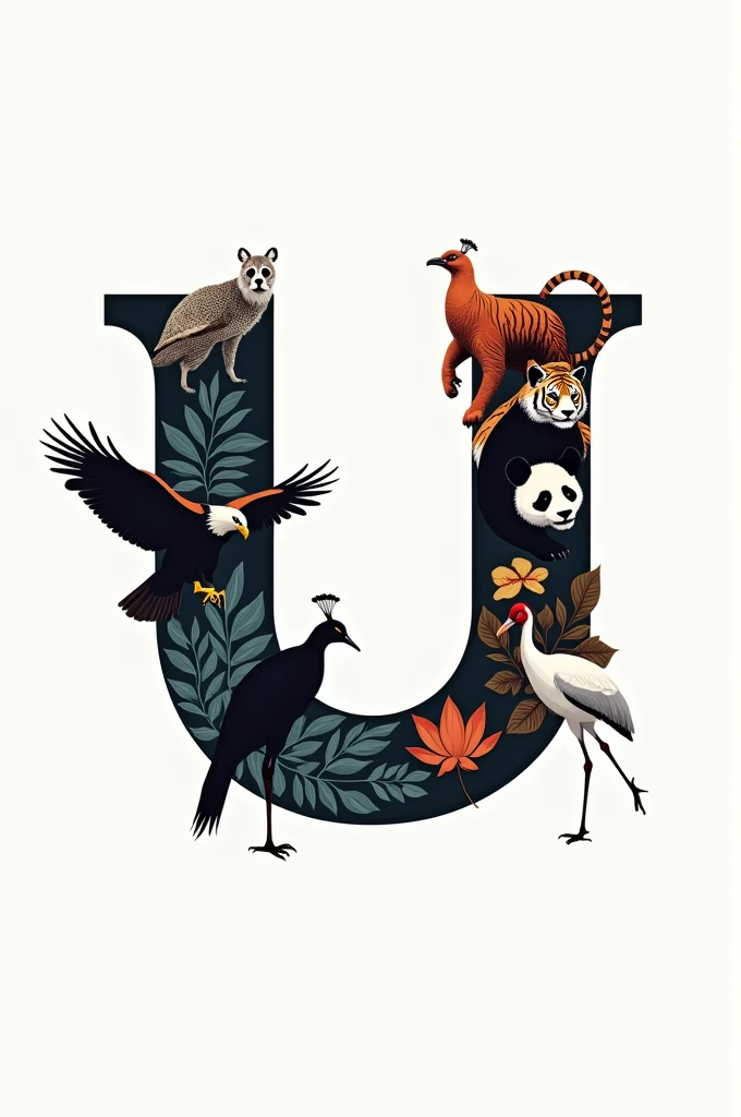 Create a U logo with eagle,peacock,bengal tiger,panda,red crowned crane bird in word itself