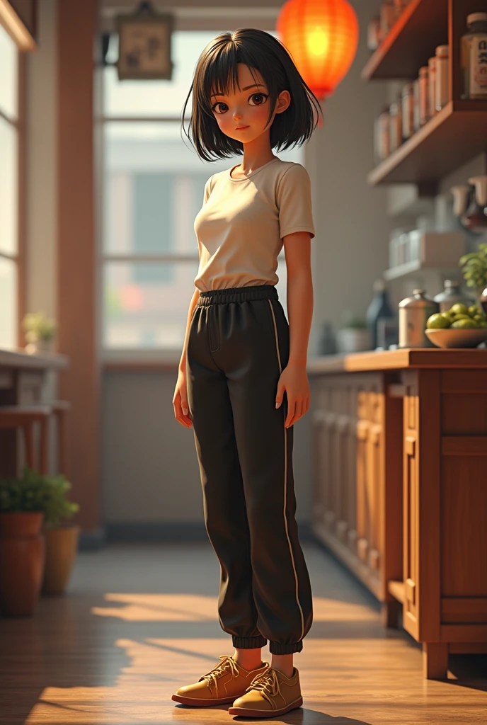 Original photo image quality, 8k, (5cm tall girl in a t-shirt, long pants for tonkotsu ramen), sesame, ginger Benija, Kayak, looking at the camera, Ultra high quality CG,