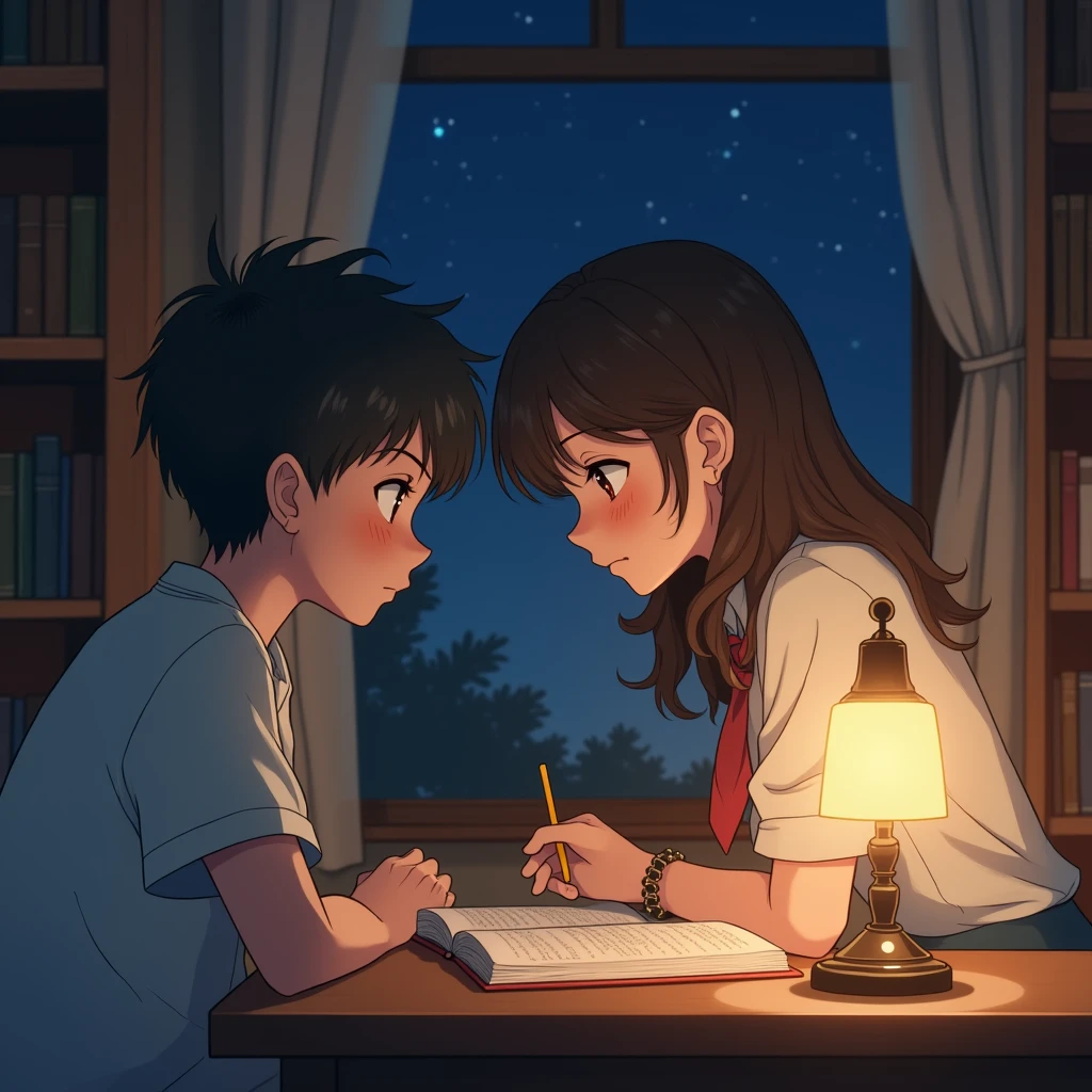 A beautiful girl studying in her study room in anime style  at night ... She is sitting beside lamp.... Her side profile ... A boy is sitting in front of her looking at her passionately at library close up shot