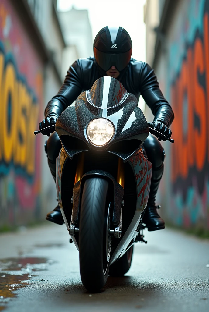 Man walks through an alley with graffiti that says Noisy, on a formula motorcycle with the front wheel raised