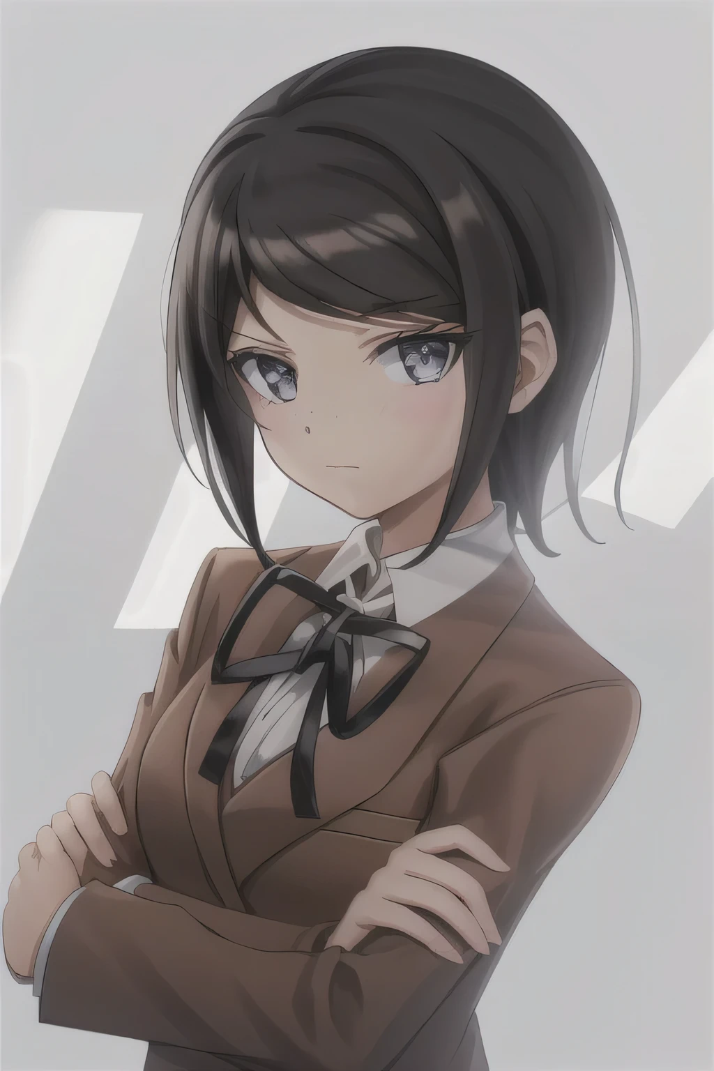 Masterpiece, Best Quality,  1girl, solo, jacket, ribbon, shirt, neck ribbon, upper body, looking at viewer, collared shirt, brown jacket, white shirt, black ribbon, breasts, simple background, closed mouth, white background, long sleeves, shiny hair, school uniform, transparent background, medium breasts, shiny. 