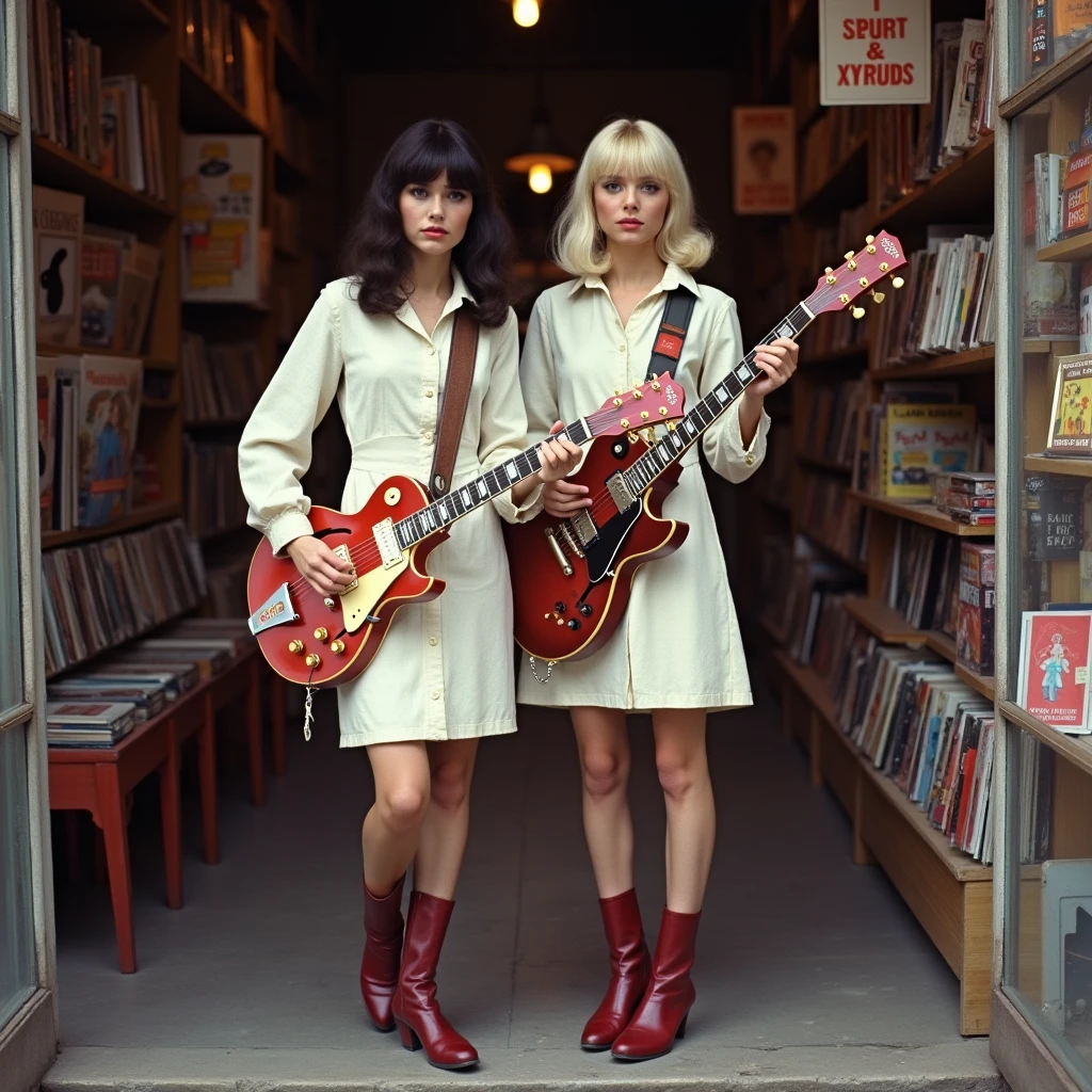 The time is Swinging London in 1967.、Full body shots of two very beautiful 2 glamorous women wearing 60's fashion、They are like Twiggy, with geometric patterns.AThe two of them are standing together in a stylish general store on Carnaby Street, wearing simple linen dresses and long boots, holding electric guitars.、The small shop was packed with records, clothes, magazines and miscellaneous goods.、dark brunette and shiny blonde very stylish 60's bob haiir,sagging huge Breasts