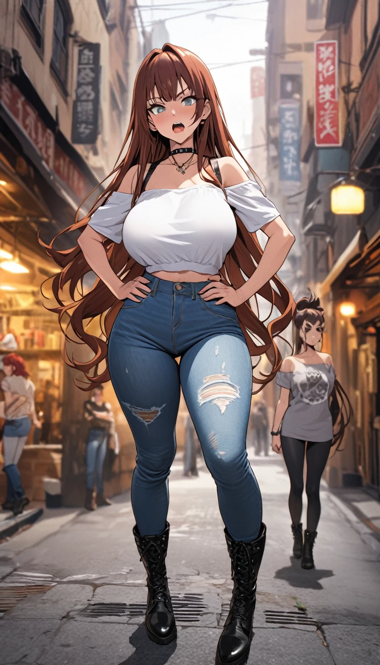 Ultra-high definition image quality、beautiful girl、Yankee girl、Reddish brown hair、Messy long hair、Gal、bustling street、Off-the-shoulder T-shirt、Distressed denim、Tight low rise denim、Highest quality, Big Ass、Thighs、Big Boobs、High cut boots、Glare、Place hands on hips、intimidating face、Hold a cigarette in your mouth、Smoke from cigarettes、Punk Fashion、Yankee sitting